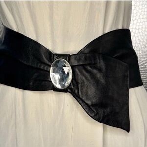 Vintage 80s Black Faux Leather Wide Waist Belt Headlight Rhinestone Accent
